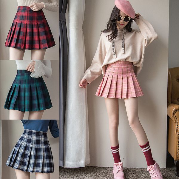

plus size harajuku short skirt new korean plaid skirt zipper high waist school girl pleated plaid skirt mini, Black