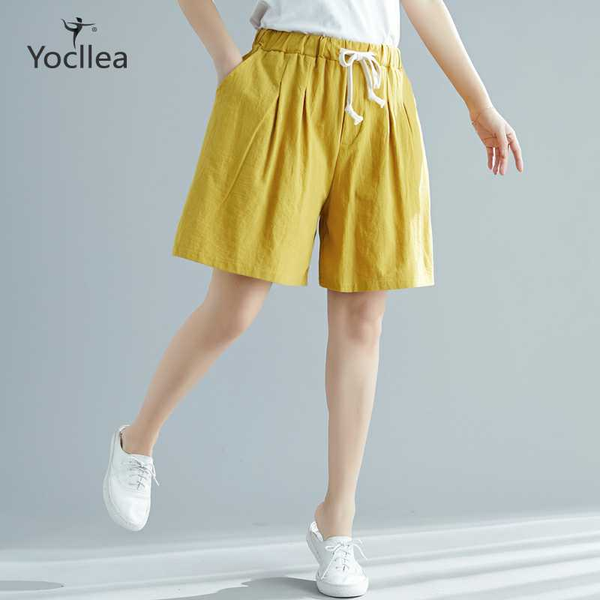 

women shorts summer cotton linen trousers feminino women's elastic waist office lady loose plus size casual shorts with pocket, White;black