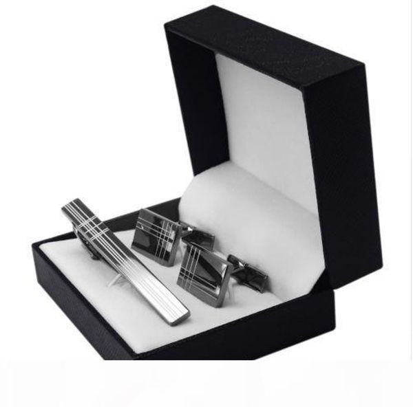 

savoyshi classic square black laser stripe bussiness mens cufflinks tie clips set necktie pin tie bars clip clasp, Silver