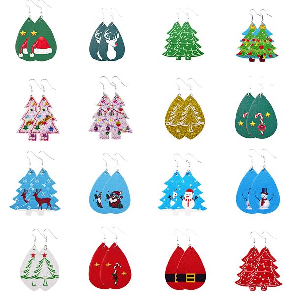 

new drop-shaped pu leather earrings printed christmas tree deer head pattern earring charm pendant eardrop ear hook women designer jewelry, Silver