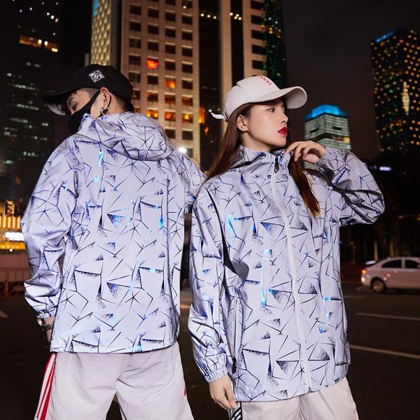 

men's women's reflective light jackets fashion men's noctilucent active jacket casual hooded hip hop couple clothing size s-3, Black;brown