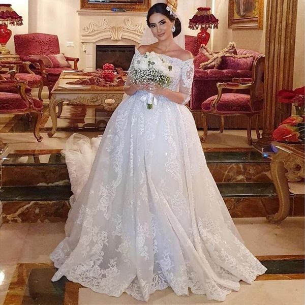 

royal design princess wedding dresses off the shoulder long sleeve sparkly sequined lace a line bridal gowns custom size, White