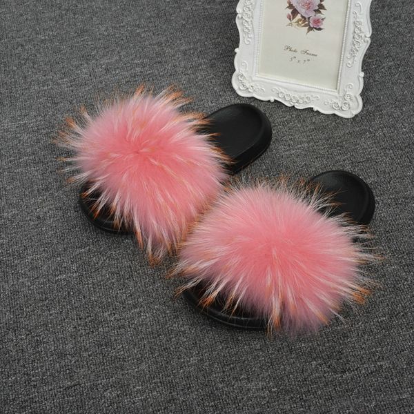 

jancoco factory wholesale eva soles slippers with real wide fox fur women fashion slides fluffy fur sandals, Black