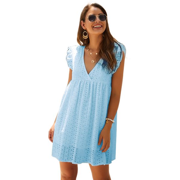 

casual lace blue dress boho v-neck sleeveless knee loose cotton hook flower hollow women summer dress white mini dresses vestido