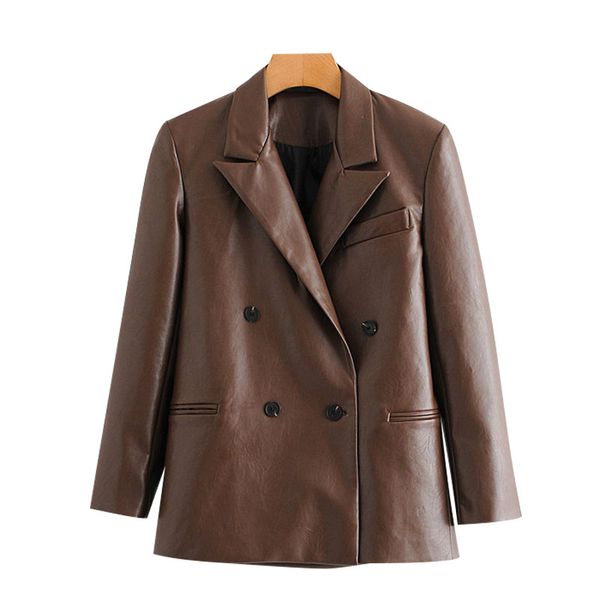 

women's suits & blazers sondr women 2021 female outerwear chic fashion double breasted faux leather coat vintage notched long sleeve, White;black