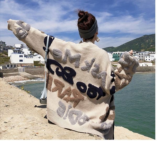 

3sft9 spring and autumn new loose lazy style coat women's mid-length korean coat sweatersweater sweater style letter thickened knitted, White;black