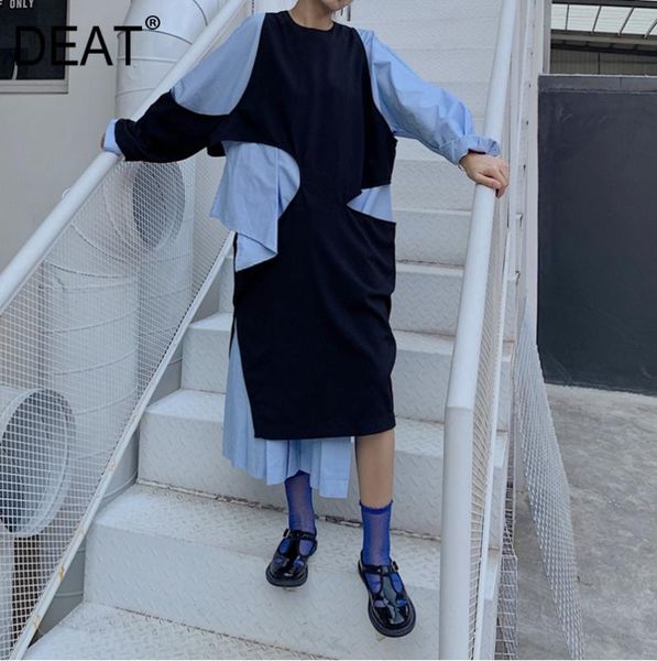 

deat] women spliced irregular hit color dress new round neck long sleeve loose fit fashion tide spring autumn 2020 13f314, Black;gray