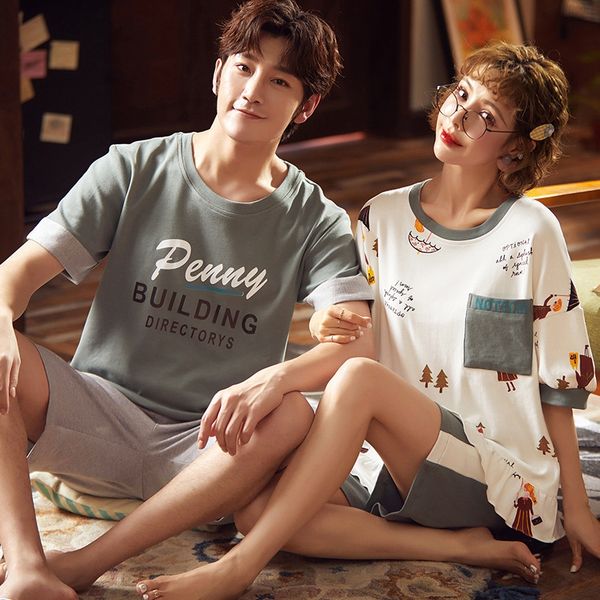 

2020 new short-sleeved pajamas women's summer cotton home wear and home shorts men's shorts couple large size loose suit, Blue;red