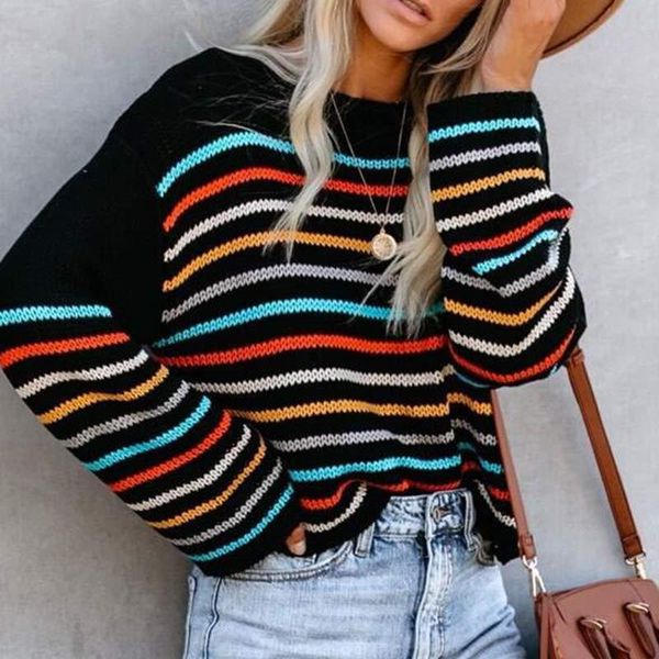 

sweater womens rainbow striped pullover sweaters oversized loose knit crop hollow sweater female autumn streetwear, White;black