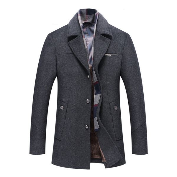 

mens отворотом шеи шерстяное пальто осень с длинным рукавом покрытый кнопка coat мужской тонкий fit твердые повседневная одежда, Black