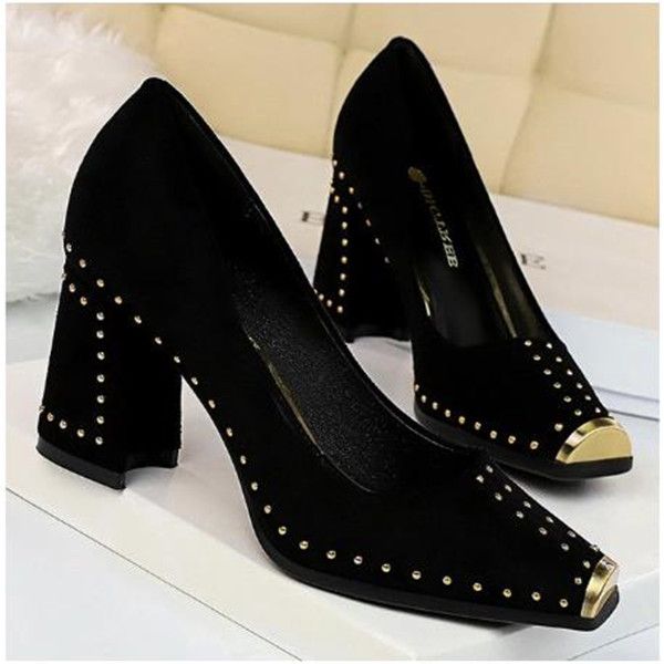

fashion women pumps rivet metal heels women shoes flock square heels shoes ladies red black office party wedding shoes