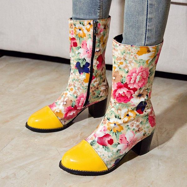 

brand new large sizes 48 square heels flowers printed winter woman shoes riding mid-calf boots, Black