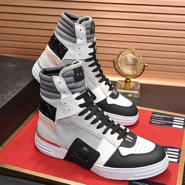 

fashion phantom kick $hi -mixed materials sneakers mens shoes lightweight luxury sneakers plus size lace -up casual high men shoes, Black
