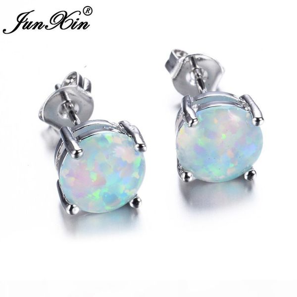 

junxin bohemia fire opal earrings for women ladies white blue red amethyst round white gold filled double side stud earrings, Golden;silver