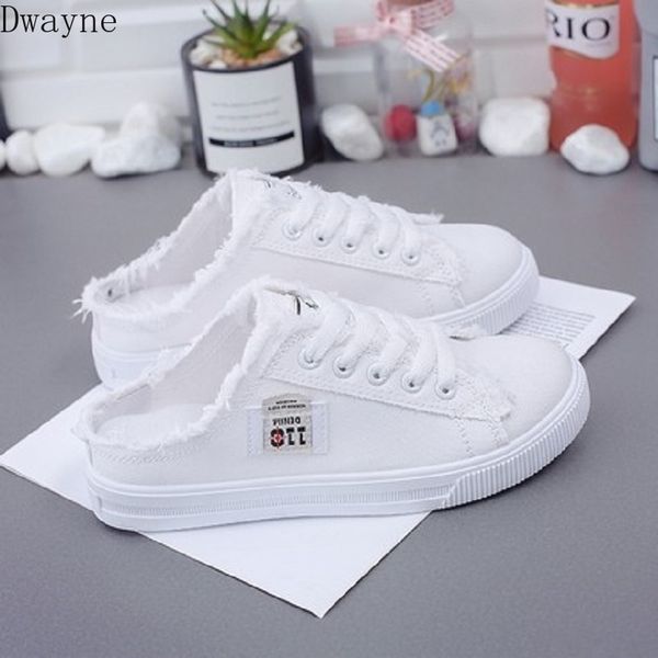 

sandals and slippers women wear 2020 new canvas shoes women half drag no heel lazy one pedal flat casual white shoes, Black