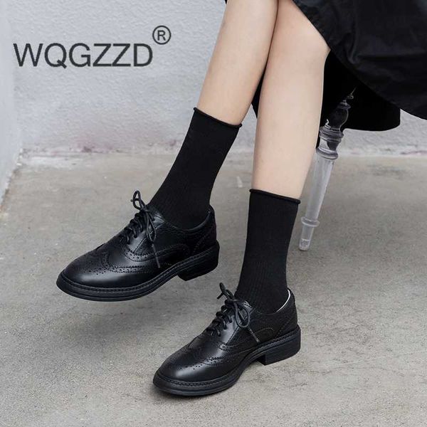 

women's flats shoes woman cow leather brogues shoes lace up casual oxfords for women, Black