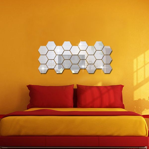 

hight quality acrylic solid geometry hexagonal mirror wall stickers diy with self adhesive removable home decoration stickers 5 colors