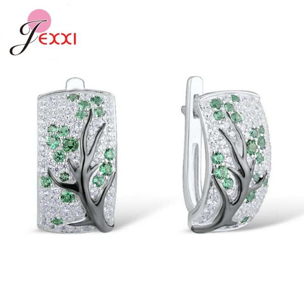 

hoop & huggie 925 sterling silver multicolor cubic zirconia plum branch blossom earrings three women's wedding party jewelry, Golden;silver