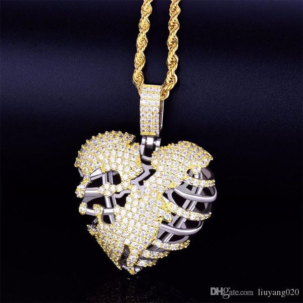 

золото сломанный skeleton сердце ожерелье с свободной rope chain a ++ кубический циркон мужчины хип-хоп рок jewelry