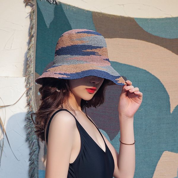 

new lady lafite straw fisherman sun sun beach beach sunshade hat foldable color matching fisherman hat, Blue;gray