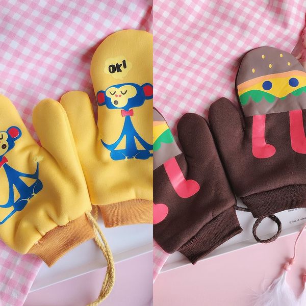 

cute student warm fleece hanging warm and neck gloves winter soft sister finger gloves