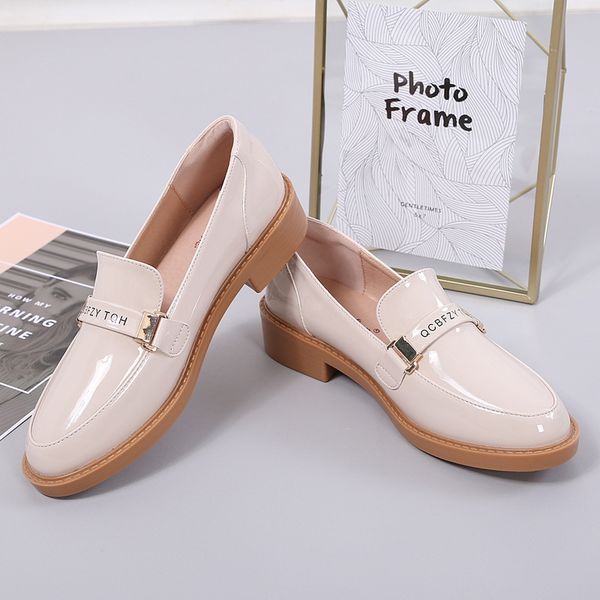 

letter band british single shoes woman bright leather round toe flats solid brief student oxfords loafers women slip on creepers, Black