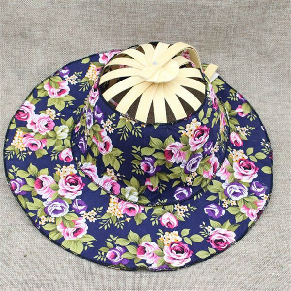 

folding fan traveling cap new arrive hand held folding fans summer women girl sun hat bamboo dancing fan floral cloth cap, Blue;gray