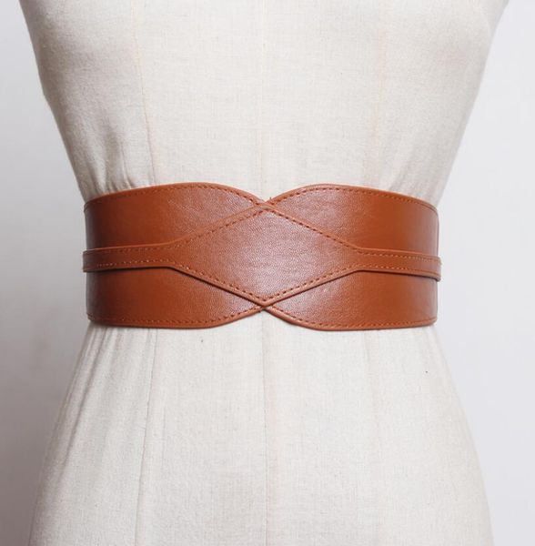 

women's runway fashion pu leather elastic cummerbunds female dress corsets waistband belts decoration wide belt r2561 cx200722, Black;brown