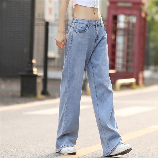 

fat mm western style all-match straight denim trousers mop 2020 summer thin simple all-match large size draping mop pants 5608, Blue
