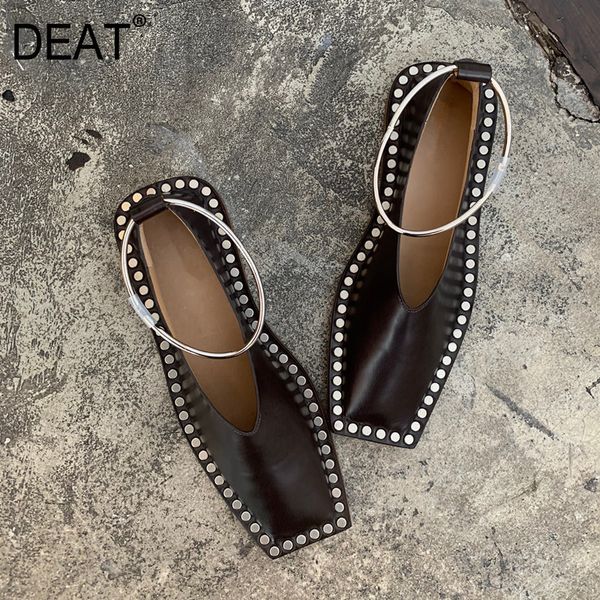 

deat] 2020 square toe shallow pu leather metal ring rivet casual single flat shoes women new spring autumn fashion 19i-a224, Black
