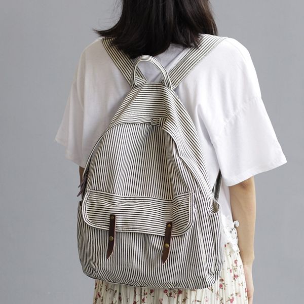 

d1lw8 korean style simple striped bag all-match fashion academic style canvas bag canvas backpack leisure fashion large capacity women, White