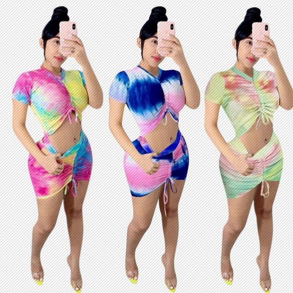 

h8916 new european and american womens tie-dyed drawstring pleated skirt two-piece set, White;black