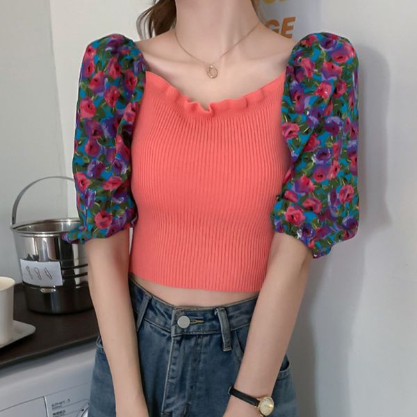 

ewq] 2020 autumn women's knitted new sweet square collar stitching floral puff sleeve slim short sweater women qb759, White;black