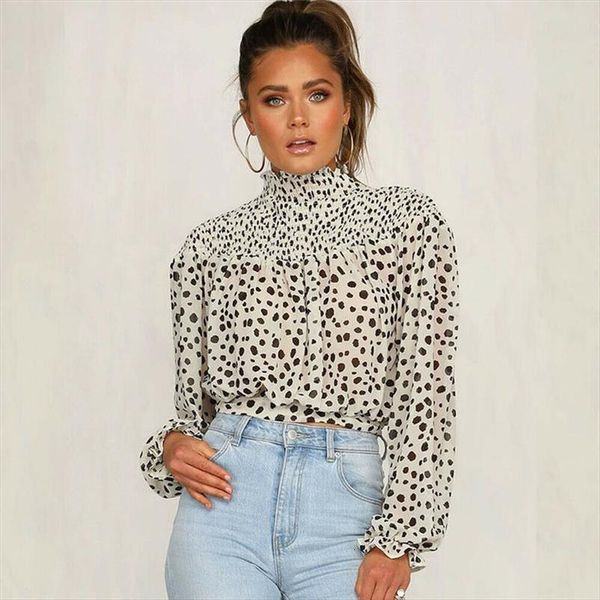 

2020 new arrival women casual turtleneck long sleeve t shirt spring autumn chiffon polka dots shirt, White