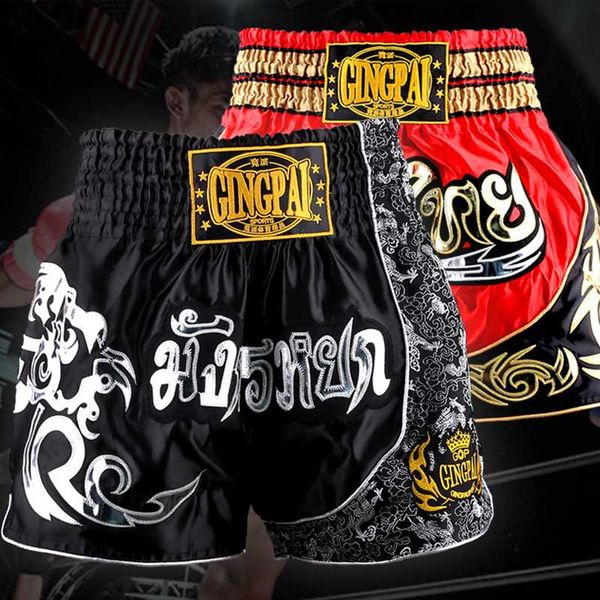 

gingpai muay thai sanda summer shorts fight martial arts seen pretorian boxing training shorts black red dragon short trunks, Blue