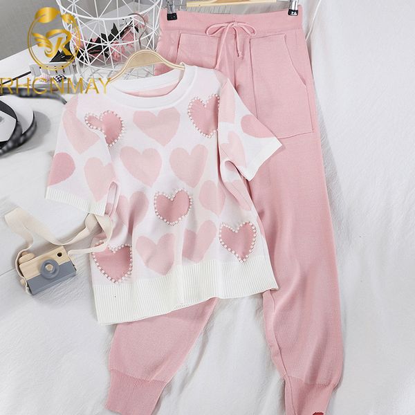 

2020 new 2 piece sets womens knit outfits love heart short sleeve o-neck + lace up waist ankle harem pants new two piece set, Gray