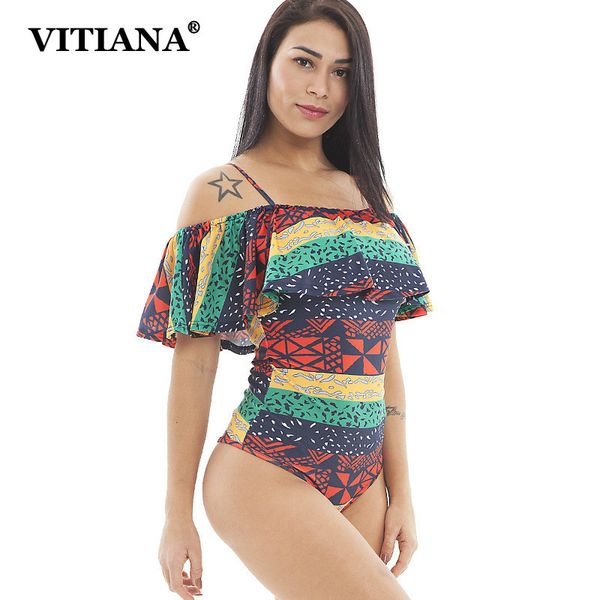 

vitiana women summer beach bodysuit 2020 female print ruffles vintage backless bodysuits ladies off shoulder swimsuit, Black;white