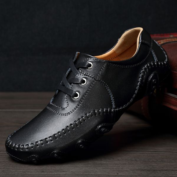 

men shoes soft split leather fashion sneakers lace up fltas outdoor casual rubber round outsole shoes men, Black