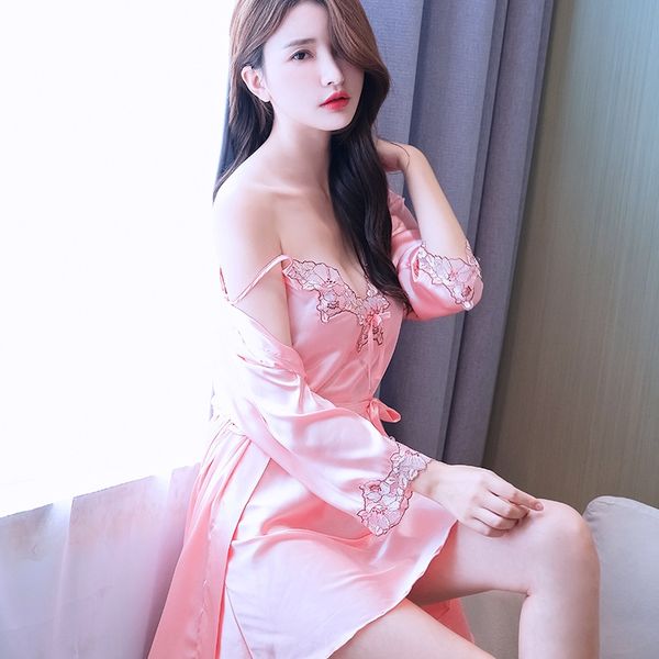 

e2yny new couple clothes thin imitation silk couple dress simulated lace embroidered lace two-piece set long sleeve silk large size nig, Blue;red