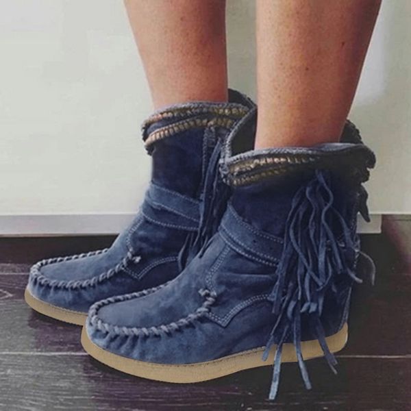 

oeak women ankle boots 2020 stripes slip on flats shoes sewing tassel shoes female casual boots autumn winter, Black