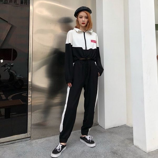 

women clothes sets crop color patchwork hip hop style harlan pants 2 pieces sets women's warm suit roupas femininas.w, Gray