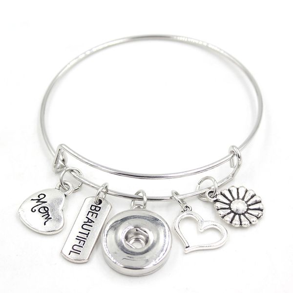 

snap jewelry mom charm bracelet: heart & flower themed, wholesale wire bangle for mother's day gifts, Golden;silver