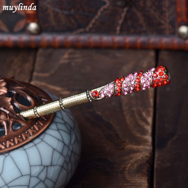 

vintage bronze plating colorful rhinesone hair sticks simple stick banquet hairpin accessories for women wedding jewelry, Golden;silver