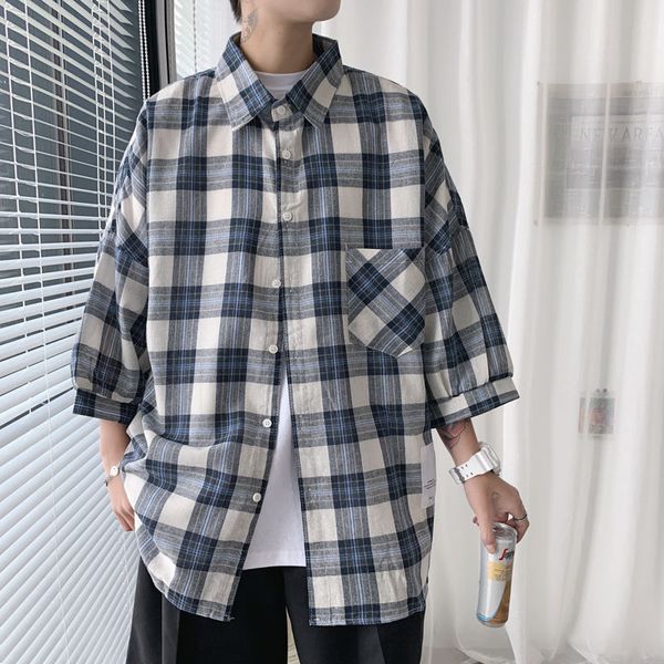 

men's casual shirts summer plaid shirt fashion retro men streetwear wild loose korean seven-quarter sleeve -2xl, White;black