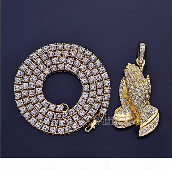 

y men 's hip hop iced out cz gold tone pray hands pendant necklace full iced out rhinestones crystal 24inch tennis chain necklace, Silver