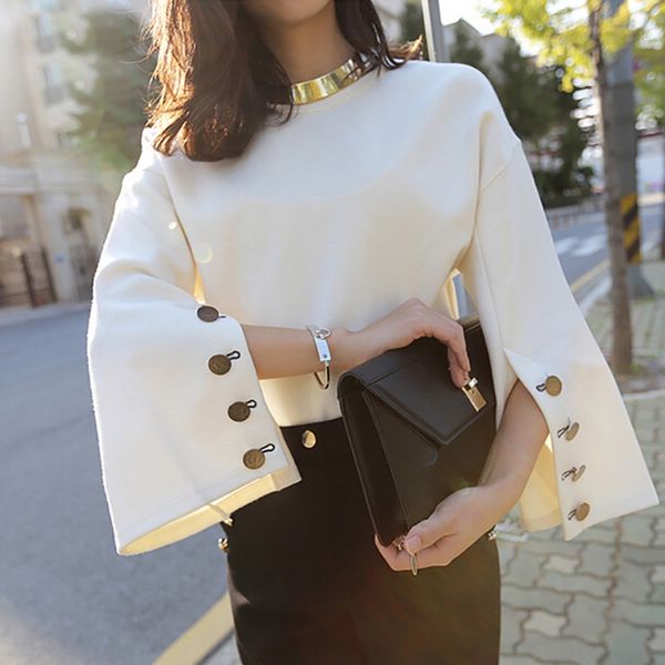 

new flared sleeve round sweater horn clothing horn neck suede socialite women's clothing split button women's sweater, Black