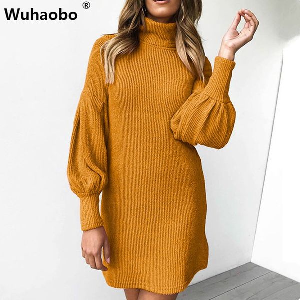 

wuhaobo 2020 women ladies turtleneck yellow dress autumn knitted sweater dress female long sleeve winter dresses, Black;gray
