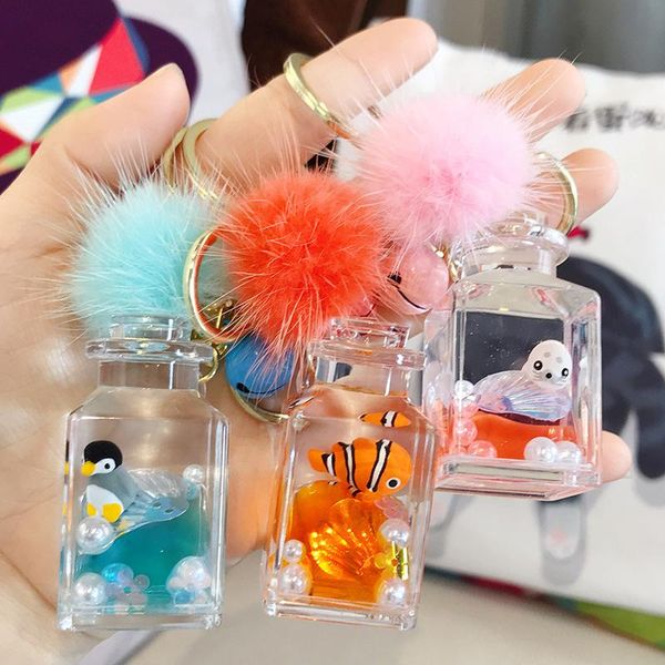 

2019 new cute floating animals fur ball keychain moving quicksand keychains women girl bag jewelry key ring car pendant gifts, Silver