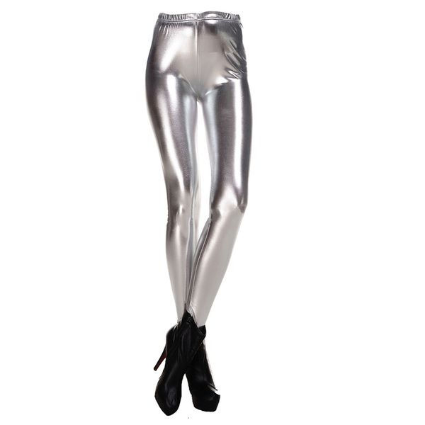 

new fashion women leggings shiny metallic color elastic waist skinny polyester pencil pants trousers casual pencil trousers silver m, Black