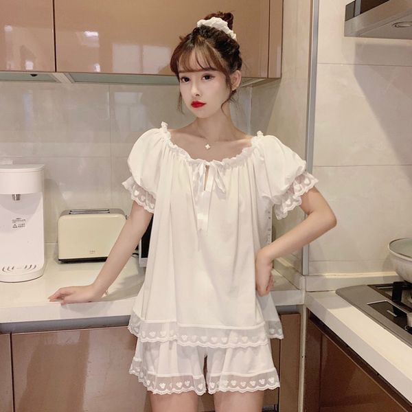 

2020 lace pajamas new sweet girl lace stitching pajamas loose casual comfortable home wear two-piece suit female summer, Blue;red